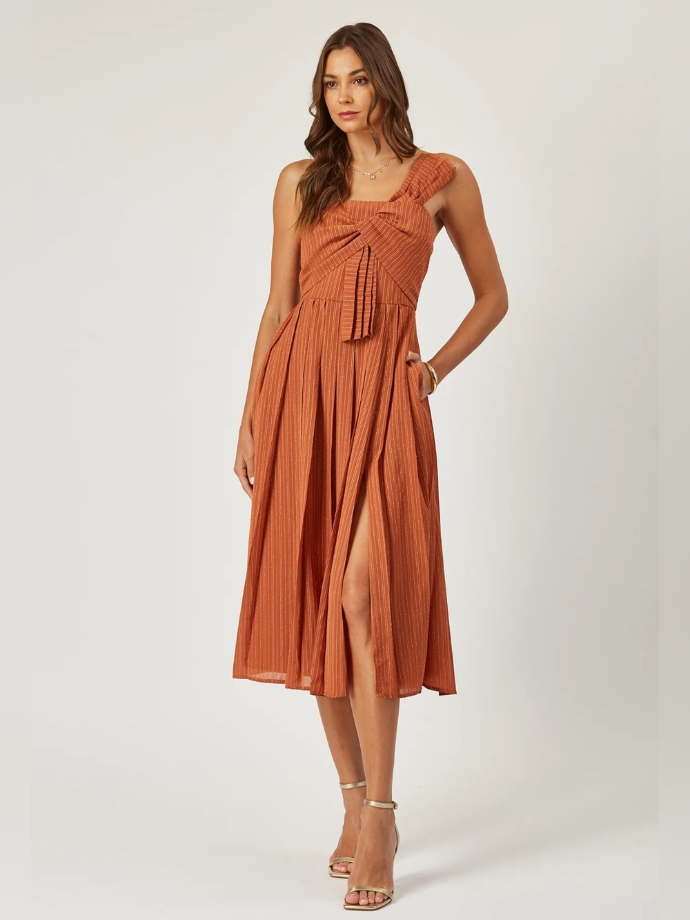 Isla Maude Seraphena Twist Detail Midi Dress Rust Orange XS NWT